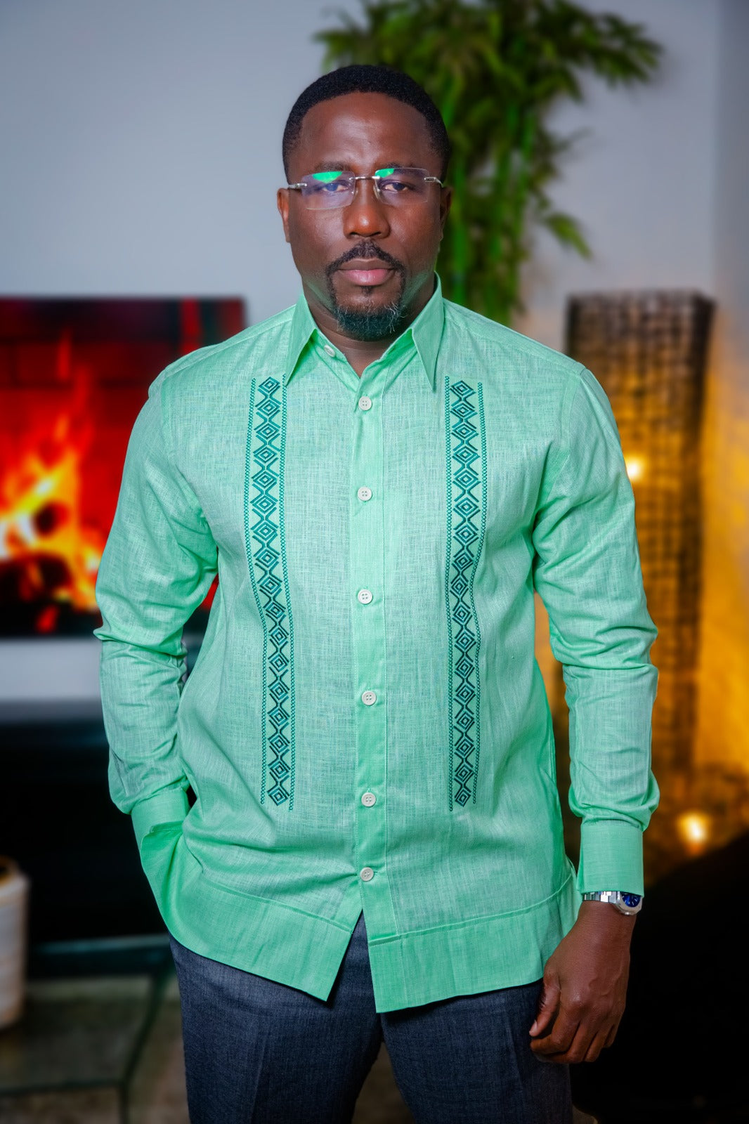 Chemise cubaines vert en lin - Brodée